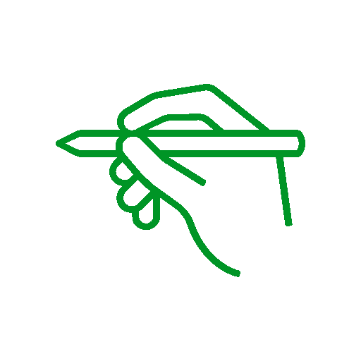 Green icon on a trasparent background showing a hand holding a pencil