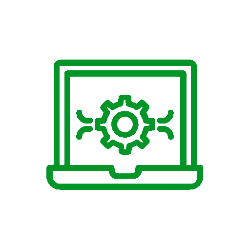 Icon graphic of a green laptop showing a gear on a transparent background