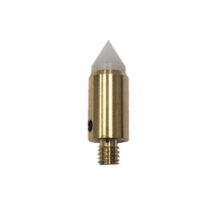 A white and brass threaded probe tip on a white background