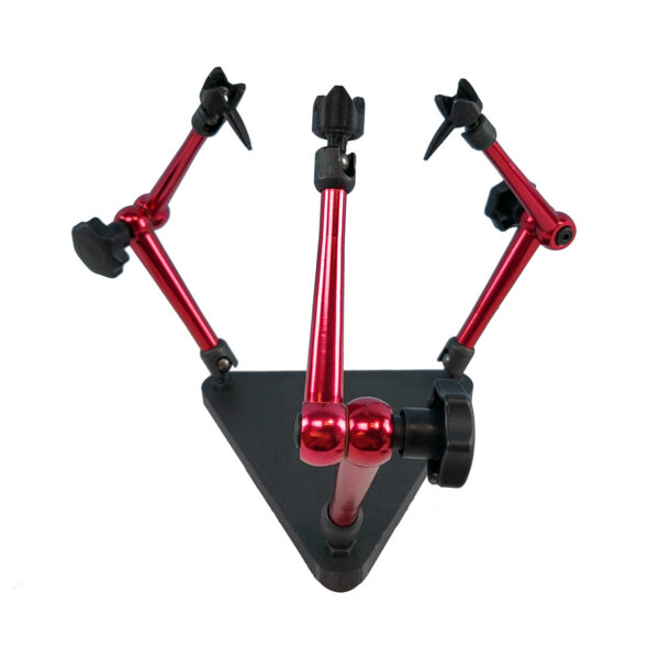 Specimen stand with black triangular base and three red articulating arms