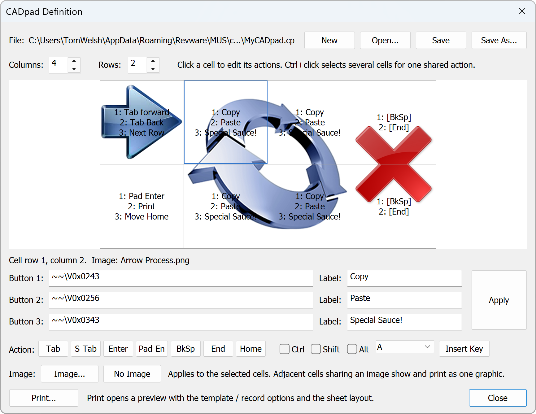 The MUS 8.0 CADpad Definition editor showing a four-by-two grid of pad cells, each with up to three stylus button actions and labels, graphics spanning adjacent cells, and buttons to add keys, assign images, and print the pad.