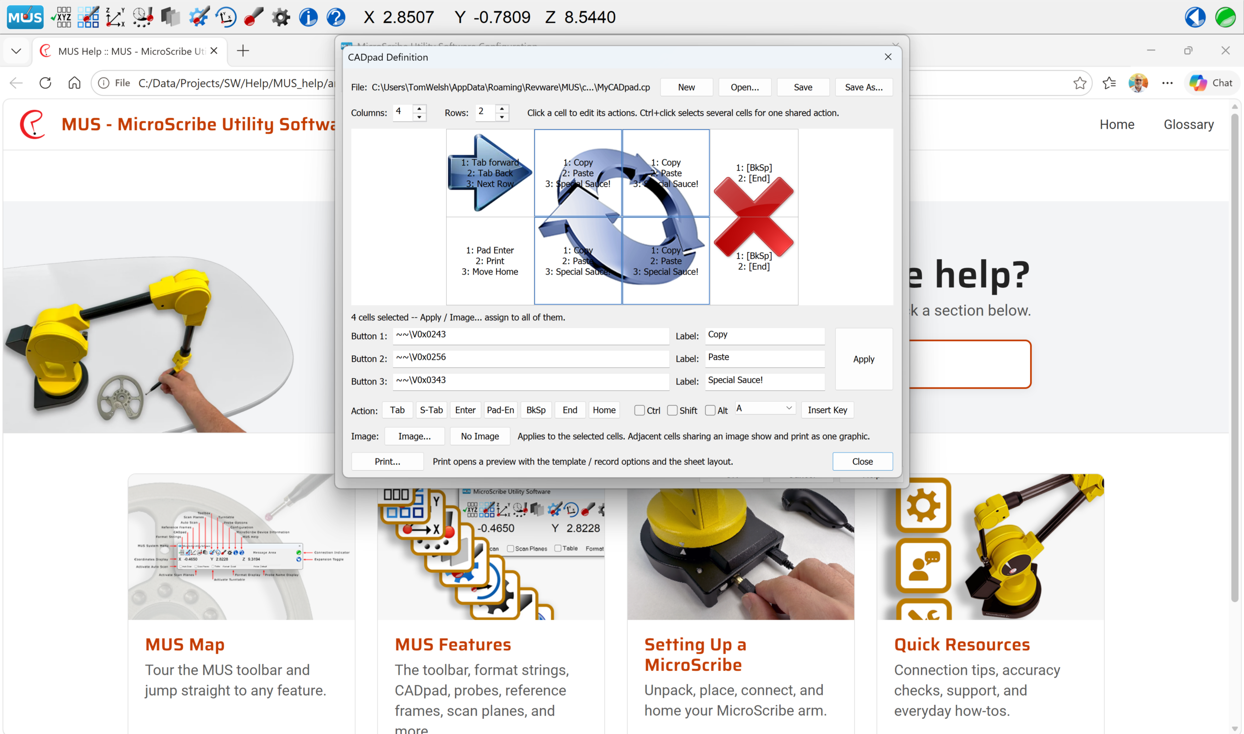 MUS 8.0 CADpad editor Screen shot of MUS 8.0 CADpad editor overlaying the MUS help screen