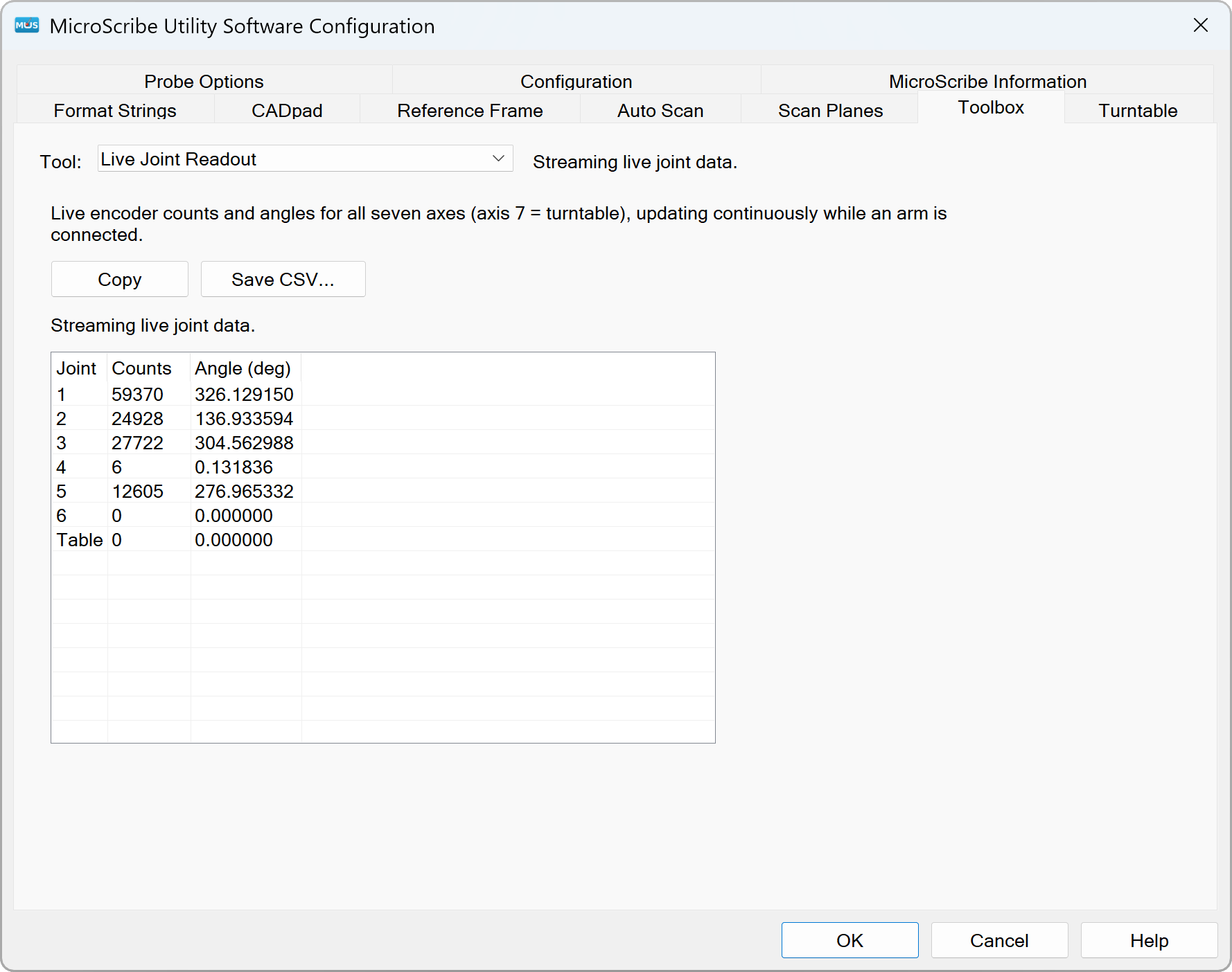 MUS 8.0 Toolbox tab with the Live Joint Readout tool streaming live encoder counts and angles for each joint of a connected arm.