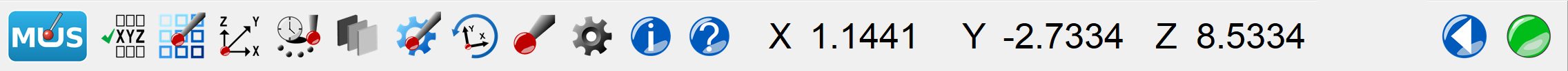 The MUS 8.0 toolbar docked as a single row: the MUS logo, tool icons, the live X, Y, and Z readout, and the status buttons.