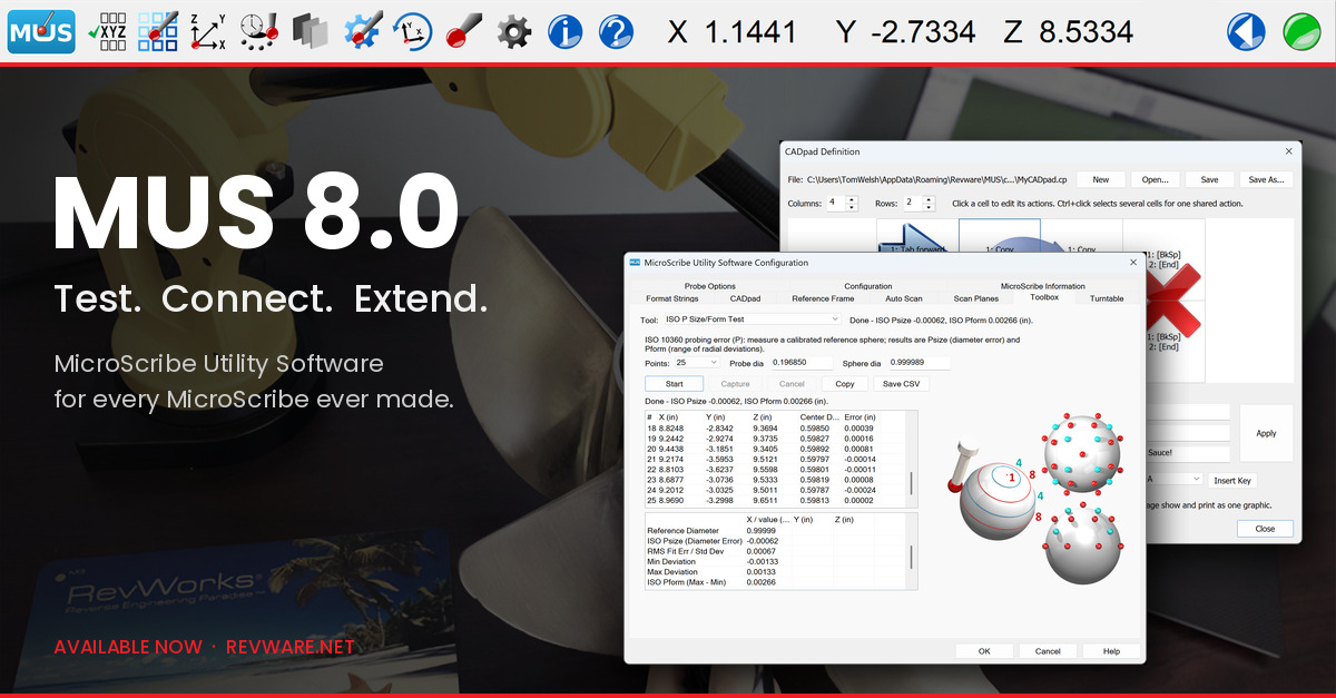 The MUS 8.0 toolbar docked across the top of the screen, over a darkened photo of a yellow MicroScribe i+ arm digitizing a boat propeller. Text reads: MUS 8.0. Test. Connect. Extend. MicroScribe Utility Software for every MicroScribe ever made. Two MUS 8.0 windows appear on the right: the ISO P Size/Form test results and the CADpad editor.