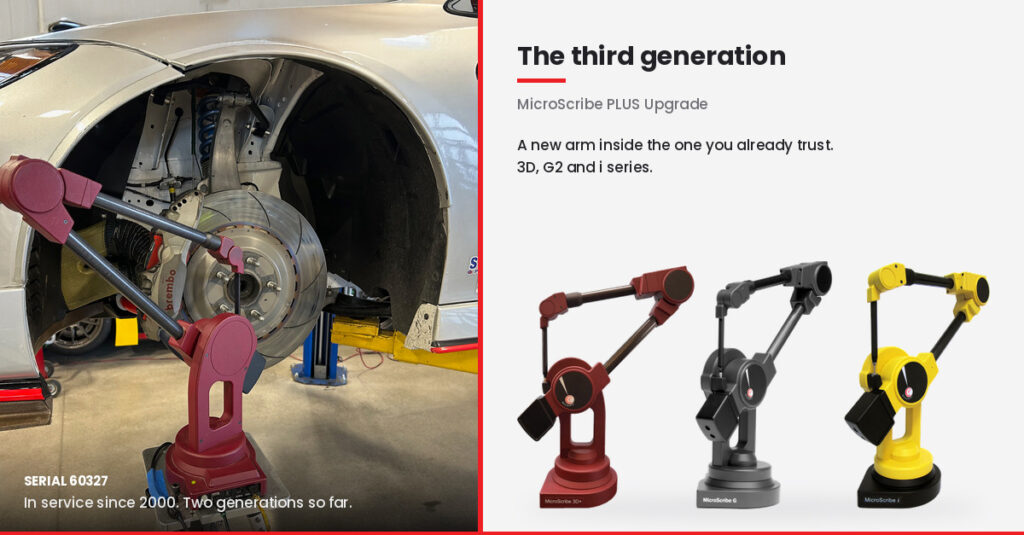 Left, MicroScribe serial 60327, a red arm in service since 2000, measuring the front suspension of a Nissan GT4 race car. Right, under the heading The third generation, three MicroScribe arms in red, black, and yellow representing the 3D, G, and i model families covered by the PLUS Upgrade.