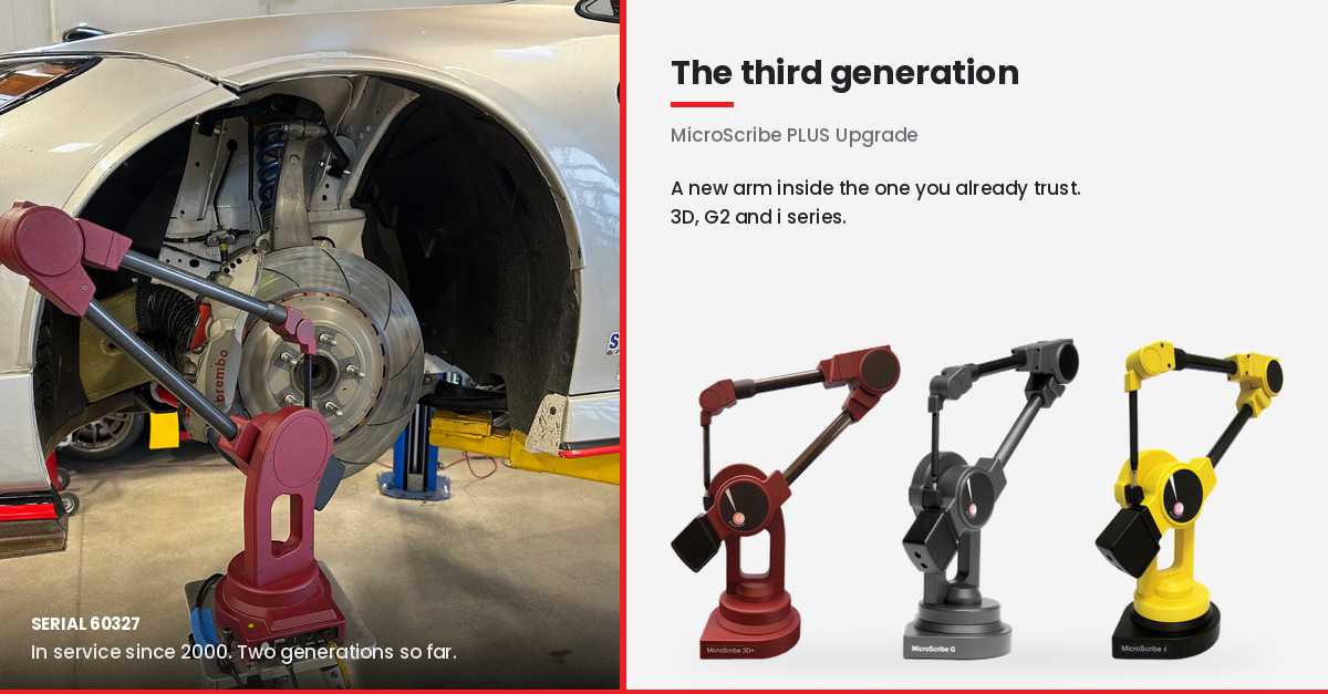 Left, MicroScribe serial 60327, a red arm in service since 2000, measuring the front suspension of a Nissan GT4 race car. Right, under the heading The third generation, three MicroScribe arms in red, black, and yellow representing the 3D, G, and i model families covered by the PLUS Upgrade.